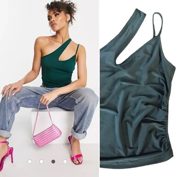 Trendyol Emerald Green One Shoulder Satin Tank Top Medium NWT - Picture 3 of 14